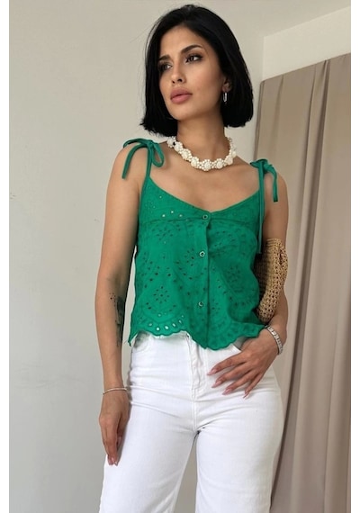 Defymoda Yeşil Bağcıklı Brode Bluz Yeşil