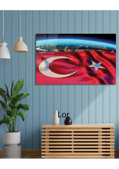 Soyut Türk Bayrağı Cam Tablo Modern Ofis Makam Odası Hediyelik Büyük Tablo Duvar Dekoru