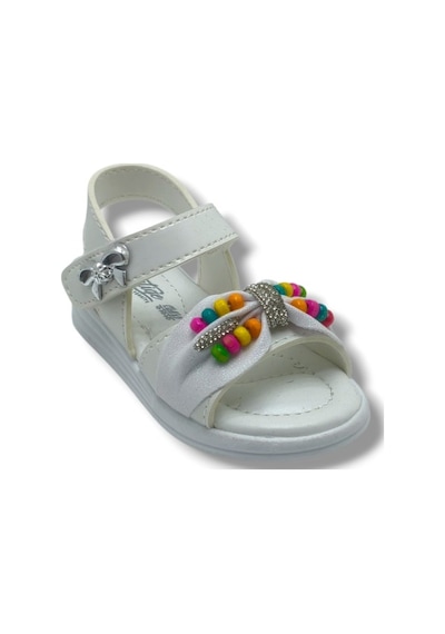 Butiqe 1810-26 Simli Renkli Boncuk Taşli Anatomik Kız Çocuk Sandalet 22-25 Beyaz