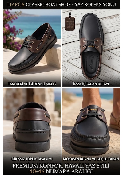 Blue Boy Marina Siyah Kahve Hakiki Deri Lüks Erkek Tekne Ayakkabısı, Makosen, Loafer Ve Casual... Siyah - Kahverengi