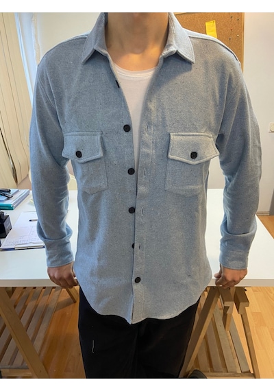 Turkuaz Erkek Slim Fit Düğmeli Yaka Çift Cepli Düz Oduncu Gömlek Turkuaz