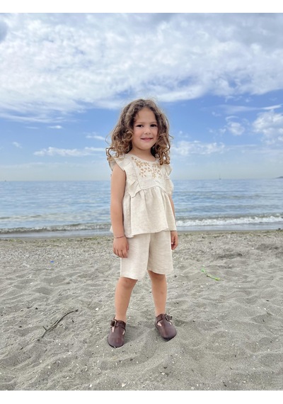 Oliven The Kid Robası Nakışlı Keten Kız Çocuk Takım Natürel Bej