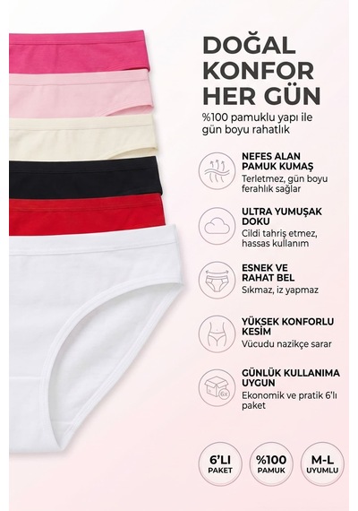 Hepsine Rakip 6lı Kadın Bikini Külot Pamuklu Renkli İç Çamaşırı Nefes Alan Doku Çok Renkli