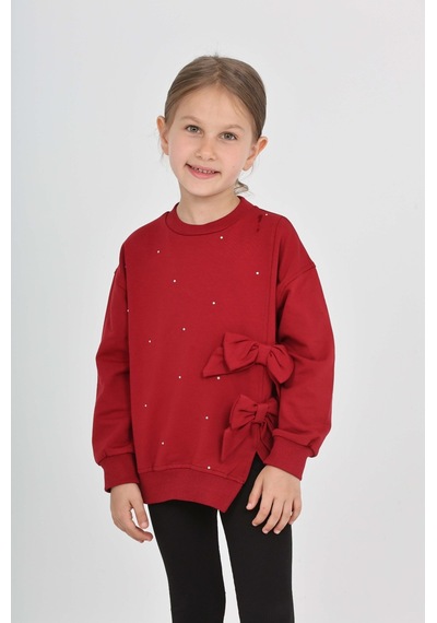 Toontoy Kız Çocuk Taşlı Fiyonklu Sweatshirt Bordo