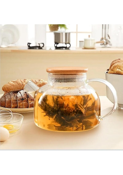 1000 Ml Bambu Kapaklı Isıya Dayanıklı Cam Demlik Cam Sürahi Şeffaf