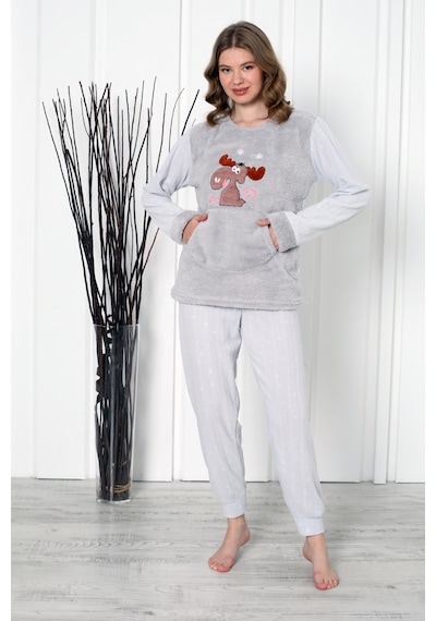 Wordex Fwn 04-3301 Peluş Welsoft Polar Kışlık Yumoş Geyikli Kadın Pijama Takımı Gri