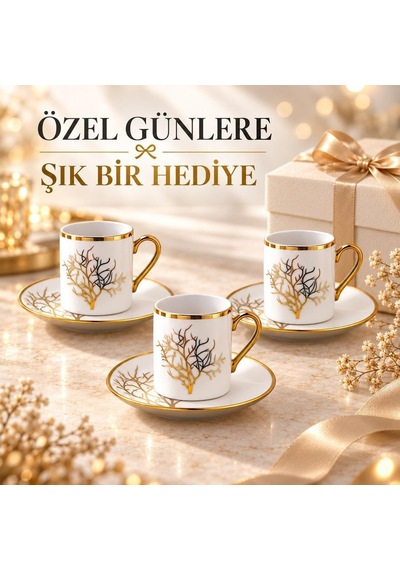 Tr 12 Parça 6 Kişilik 80 Ml Türk Kahvesi Fincan Takımı Gold Detaylı Ağaç Desenli K654-a Genel