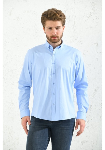 Erkek Slim Fit Uzun Kol Yıkamalı Gabardin Hediye Kutulu Gömlek - Mavi