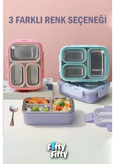 Vagonlife Lunch Box 620 Ml Tek Kat Üç Bölmeli Metal Kaşıklı Yeni Nesil Sefer Tası-fflbox7097 Diğer