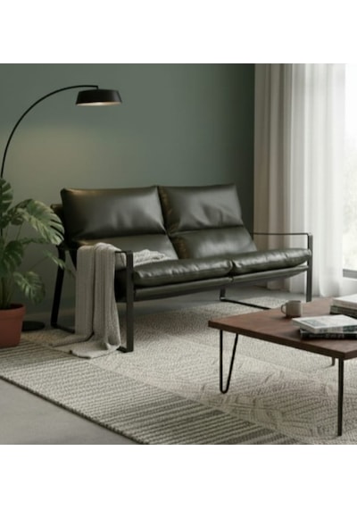 Sller Modern İkili Koltuk - Loft Tasarım Haki Deri/kumaş Bahçe Ve Balkon Kanepesi - Metal İskeletli 130 Cm Haki