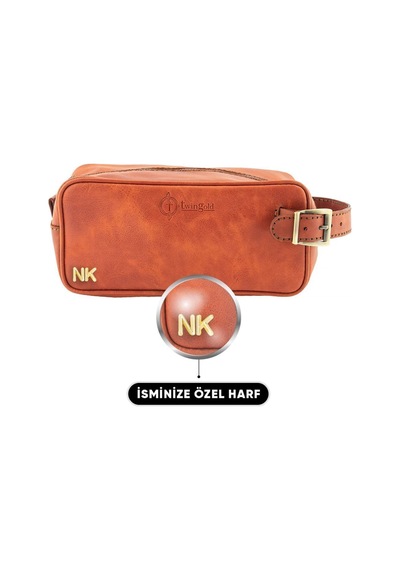 Twingold Kişiye Özel Deri Dopp Kit Kişisel Bakım Ve Seyehat Çantası - Tobacco Çok Renkli