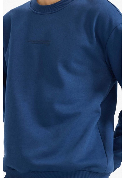 Defacto Boxy Fit Bisiklet Yaka İçi Yumuşak Tüylü Baskılı Sweatshirt X8282az25auın270 İndigo-ın270