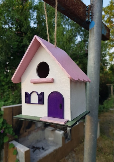 El Yapımı Ahşap Kuş Yuvası Dekoratif Kuş Evi Bahçe Balkon Dekorasyon Kayın Ağacı Vernikli Pembe Beya