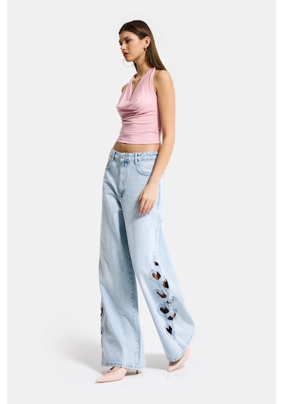 Itsbasic Kadın Ice 4s6-3 Süper Baggy Kalp Nakış Detaylı Özel Tasarım Denim Jean Buz Mavi