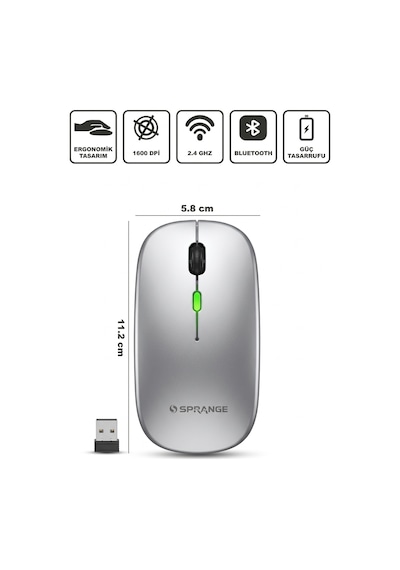 Sprange Sr-m1 Bataryalı Wireless Type-c Şarjlı Kablosuz Mouse Mouse Akt00847 Gümüş