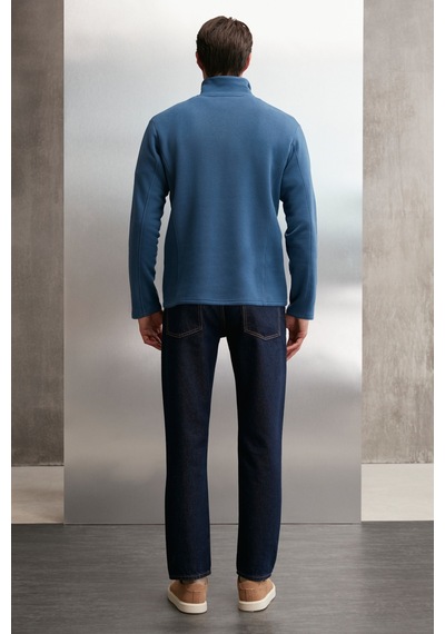 Grimelange Halden  Erkek Içi Polarlı Dik Yaka Yarım Fermuarlı Baskı Detaylı Regular Mavi Sweatshirt