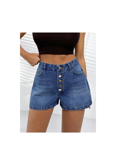 Kene Jeans Patlet Düğmeli Mavi İşlemli Kot Şort Mavi İşlemli