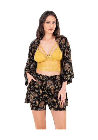Kadın Yazlık Sabahlıklı Braletli Şort Üçlü Takım Homewear Flz 31-81 Desenli
