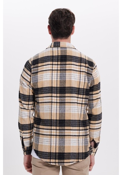 Tudors Erkek Slim Fit Dar Kesim Kareli Kışlık Oduncu Gömlek-42191 Vizon