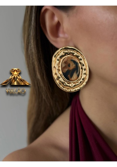 Gold Plaka Oval Taşlı Küpe Çok Renkli