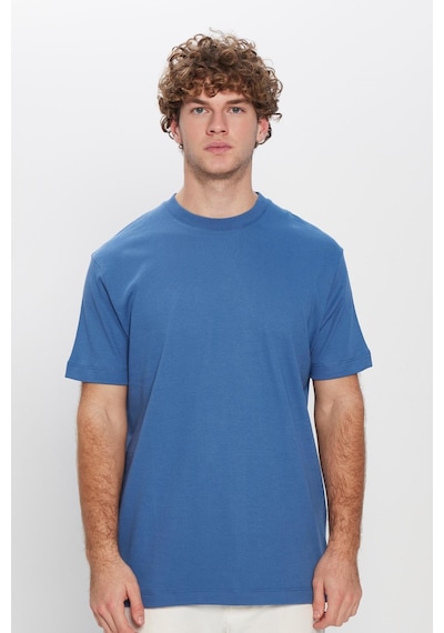 Tudors Unisex Relax Fit Rahat Kesim %100 Pamuk Yumuşak Dokulu Basic Bisiklet Yaka İndigo Tişört-30848 Indıgo İndigo