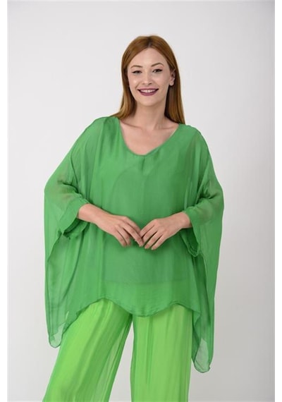 Bohem Stil İtalyan Yarasa Kol İpek Bluz-8869 Yeşil
