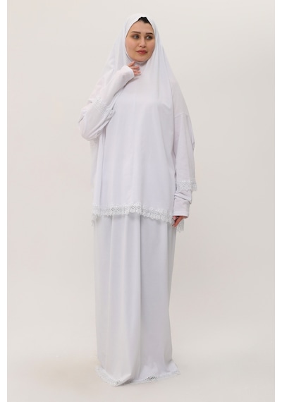 Hürrem Bone 2 Parça Namaz Elbisesi Pamuk Kumaş Dantelli 2205 42 Beyaz