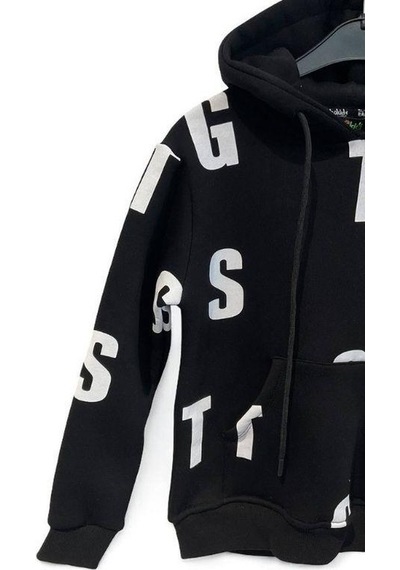 Ekkokids Çocuk Harf Baskılı Şardonlu Kapuşonlu Sweatshirt-15195 Siyah