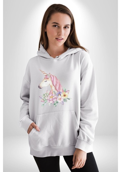 Unicorn Çiçek Kadın Erkek Beyaz Kapüşonlu Sweatshirt Hoodie Beyaz