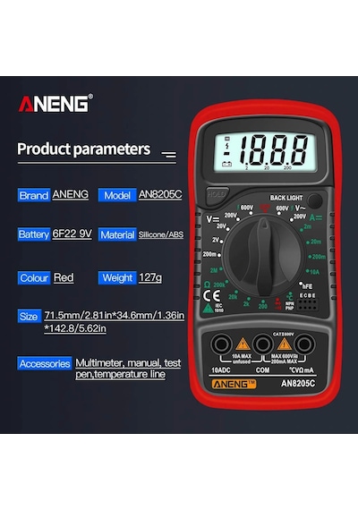 Aneng An8205c Dijital Multimetre Kırmızı