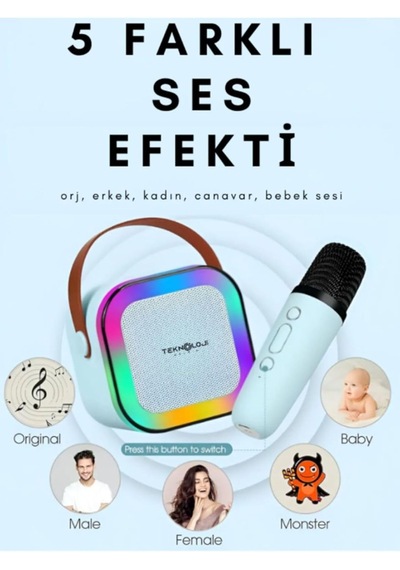 K12 Kablosuz Bluetooth Hoparlör Pembe Karaoke Mikrofon 5 Ses Efektli Rgb Hd Stereo Ses Usb/sd/fm