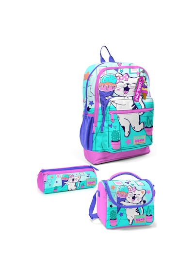 Coral High Kids Turkuaz Pembe Dondurmalı Kedi Desenli 3 Lü Okul Çanta Seti Set0123751