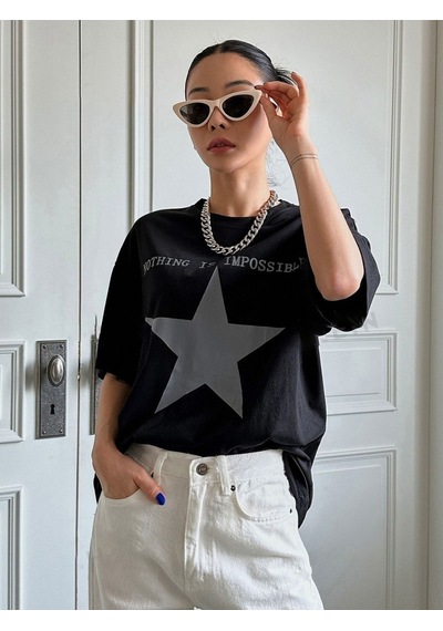Flood Of Style Kadın Siyah Nothıng Imposible Baskılı Oversize