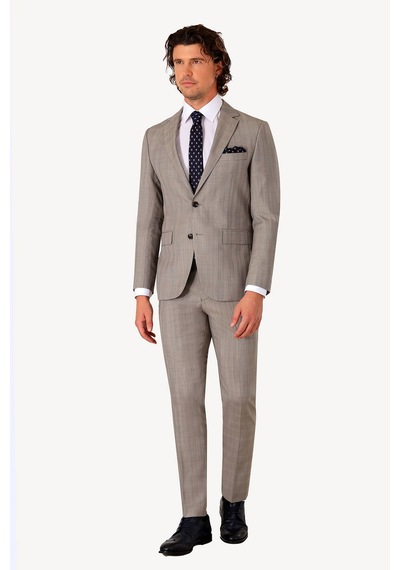 Erkek Bej Slim Fit Kareli Takım Elbise