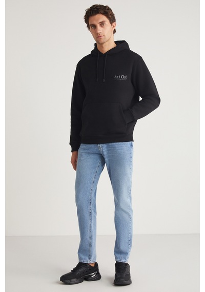 Grımelange ANDREAS Erkek Kapüşonlu İçi Polarlı Baskı Detaylı Siyah Sweatshirt
