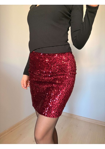 Ali Butik Bordo Kadife Payetli Mini Etek Bordo