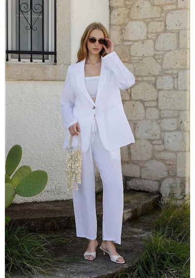Vitrin %100 Keten Beli Lastikli Cepli Geniş Paça Pantolon Beyaz