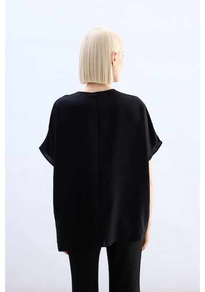 Sateen Geniş Kısa Kollu Bluz - Siyah-136758 Siyah