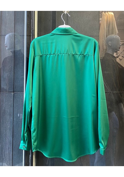 Pera Moda Büyük Beden İpek Saten Klasik Gömlek Benetton Yeşili
