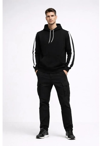 Efnaz Style Erkek Şeritli Kapüşonlu Sweatshirt Oversize 3 Iplik Pamuklu - Siyah