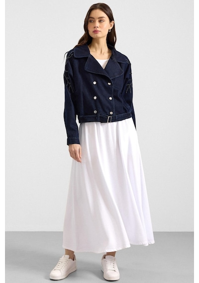 Olcay Kolu Boncuk İşlemeli Astarsız Denim Ceket Lacivert 8283