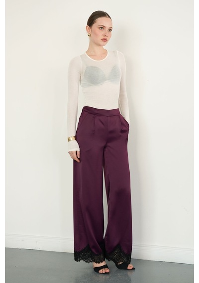 Verymoda Paçası Dantelli Saten Pantolon D2969 Mürdüm