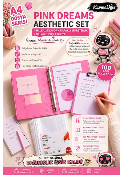 Pink Dreams Aesthetic Kırtasiye Seti A4 4 Halkalı Klasör + Kapaklı Sekreterlik + 100 Adet Poşet Dosya Pembe Pvc Organizer Set