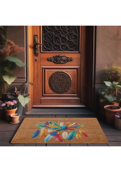 Valerine Life Nakış Desenli Kuş Ve Renkli Tüyler Welcome Kapı Önü Paspası 45x70cm