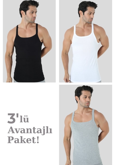 Arma Yıldız Erkek Renkli İnce Askılı Atlet 3'lü Paket Pamuklu Ribana Esnek Kumaş Beyaz  - Siyah - Gri