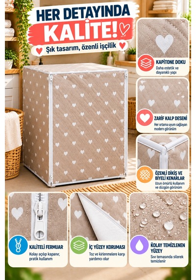 Kalp Desenli Çamaşır Makinesi Kılıfı Bej Kapitone Su Geçirmez Çift Fermuarlı 63x58x84 Cm Koruyucu Ev Kahverengi - Beyaz Kalp Desenli Çamaşır Makinesi Kılıfı Bej Kapitone Su Geçirmez Çift Fermuarlı 63x58x84 Cm Koruyucu Ev Kahverengi - Beyaz