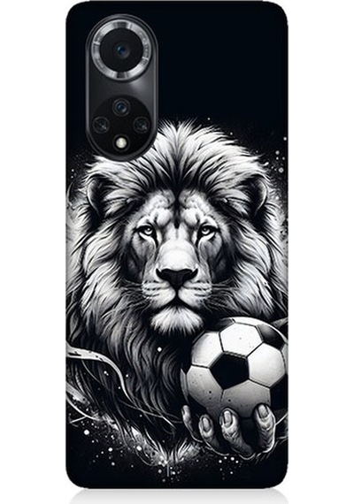 Huawei Nova 9 Uyumlu Siyah Beyaz Aslan Ve Futbol Topu Desenli Silikon Kılıf