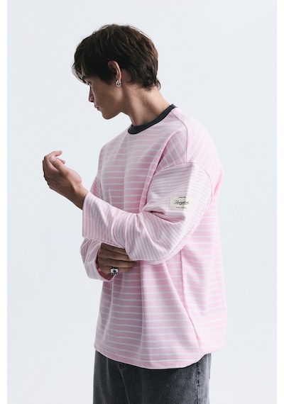 Vamos Kontrast Yaka Çizgili Sweatshirt Ekru-pembe