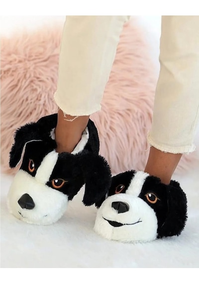 Papucumun Dünyası Unisex Yumuşak Taban Sevimli Köpek Panduf Yetişkin Ve Çocuk Kız Ve Erkek Panduf Siyah
