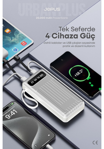Jopus 20000mah Powerbank Dahili Kablolu, Lcd Ekranlı, Led Lambalı, Taşınabilir Şarj Cihazı Beyaz